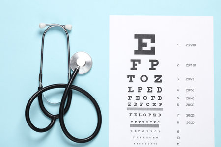 Stethoscope and eye test chart on blue background, top viewの写真素材