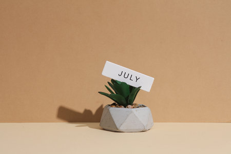 Plant and White plate with the month of July on beige background. creative layoutの写真素材