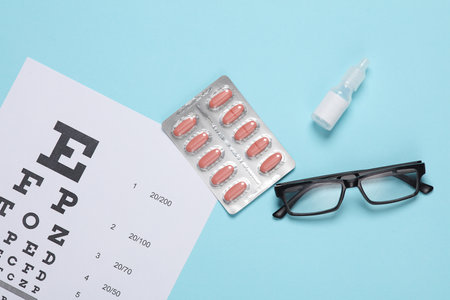 Eyeglasses with eye test chart and eye drops bottle, pills on blue background. Vision examination...
