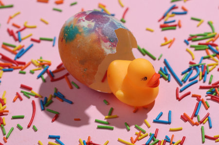 Colored sugar Easter sprinkles and duck in eggs on pink background. Creative Easter layout