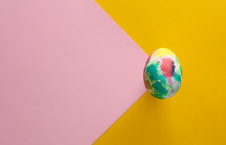 Multicolored Easter egg on yellow pink background. Copy space