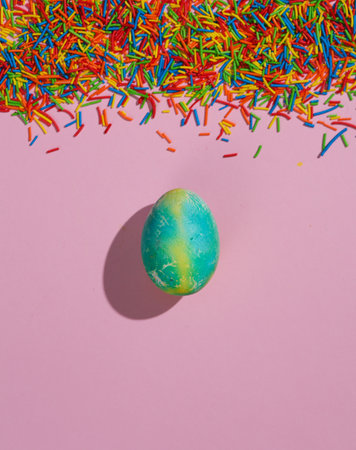 Colored sugar Easter sprinkles and eggs on a pink background. Creative layoutの写真素材