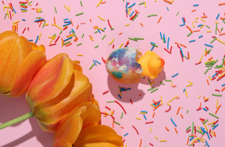 Tulips, Colored sugar Easter sprinkles and duck in egg on pink background. Creative Easter layout