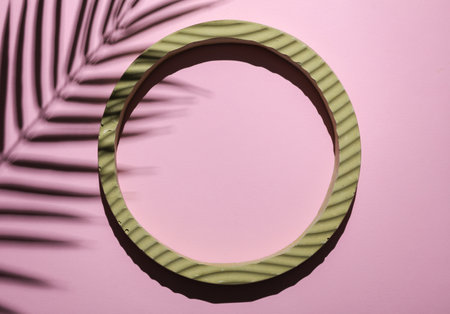 Geometry plaster ring on pink pastel background with palm leaf shadow. Abstract layoutの写真素材