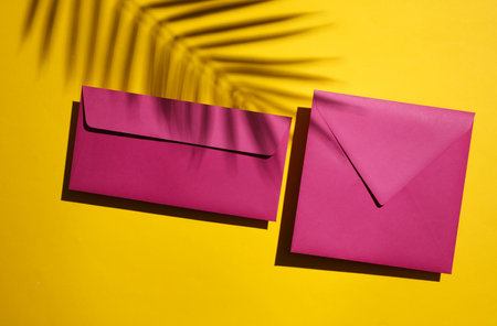 Two purple envelopes on a yellow background with palm leaf shadow. Minimal summer concept. Top viewの写真素材