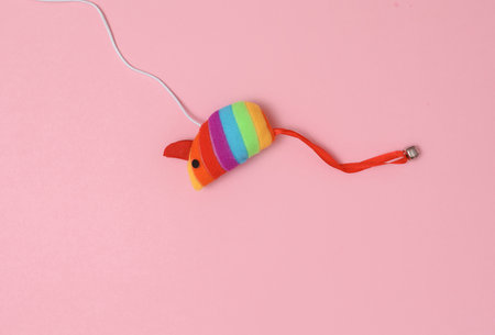 Toy mouse on a rope, pink background. Cat toys for active gameの写真素材