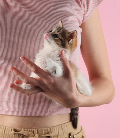 Woman holding cute kitten in on pink backgroundの写真素材