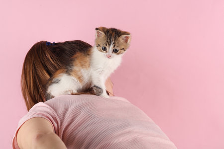 Woman playing with cute little kitten on pink backgroundの写真素材