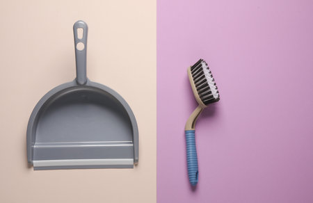 Scoop with a brush on a pastel background. Cleaning concept. Top view. Flat layの写真素材