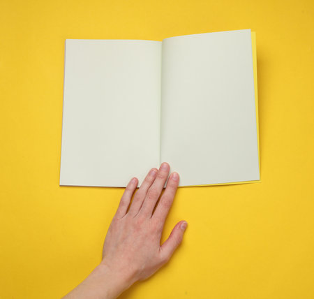 Female hand hold open notebook or magazine with blank pages on yellow backgroundの写真素材