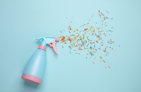 Spray bottle with Easter sprinkles on a blue background. Conceptual easter photo