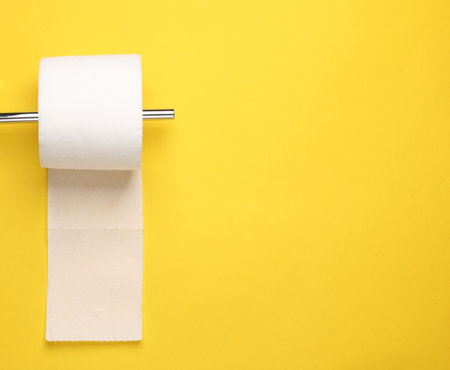 Metal Toilet paper holder with a roll of toilet paper on a yellow wall. minimalistic photoの写真素材