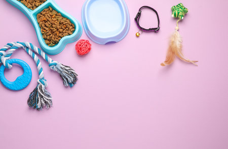 Many different toys for pets and a bowl of dry food and water on a pink background. Top view. Flat lay. Copy spaceの写真素材