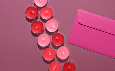 Envelope with Aroma tea candles on burgundy background. Romantic, love concept. Top view.の写真素材