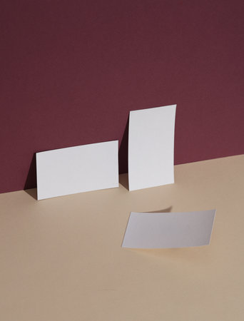 White business cards on burgundy beige background with shadow. Creative layout. Minimal business mockupの写真素材