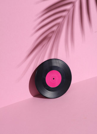 Vinyl record on pink background with palm leaf shadow. Minimalism. Retro 80s creative layoutの写真素材