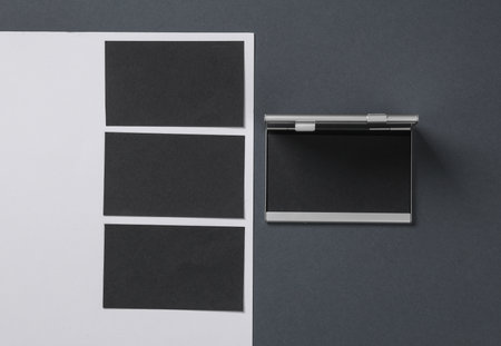 Metal box business card holder with black business cards on white gray backgroundの写真素材