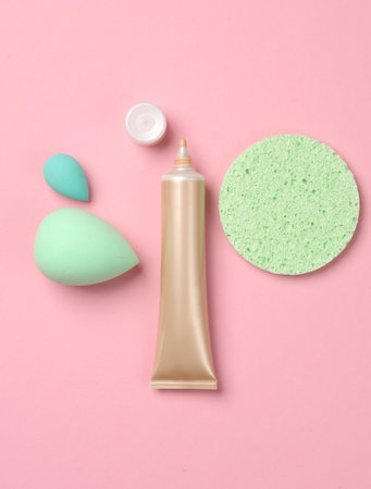 Makeup puff, remove sponge and tube of foundation on a pink background. Beauty productsの写真素材