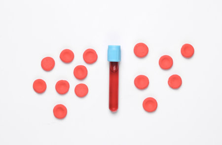 Test tube with blood and Red blood cells on white backgroundの写真素材