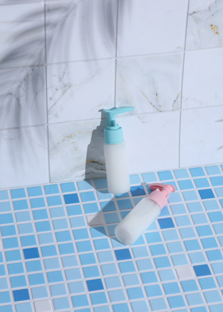 Cream or liquid soap bottles dispenser on tile with palm leaf shadow. Beauty still life