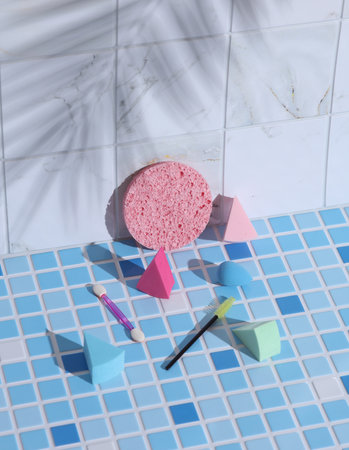 Beauty products on tile with palm leaf shadow. Creative layout. Beauty still life