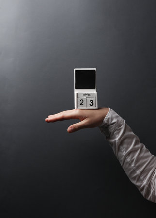 April 23 block calendar in male hand on dark gray background