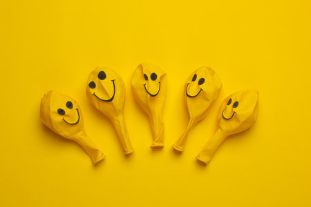 Balloons with smiley face on yellow background. Creative layout. Minimalismの写真素材