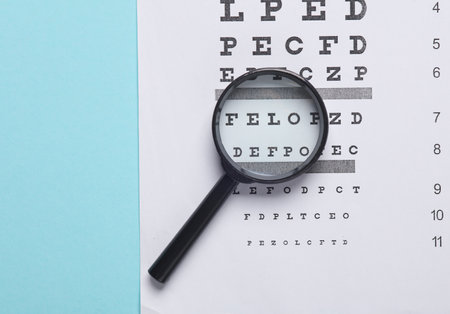Magnifier with vision test board on blue background