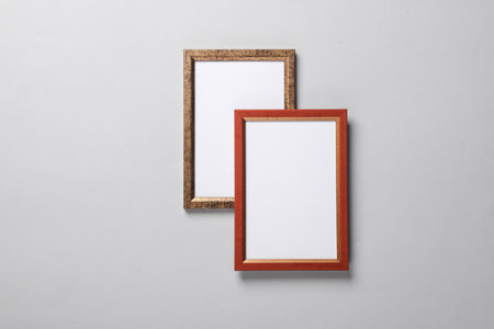 Blank wall frames on a gray backgroundの写真素材