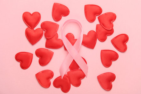 Hearts with Pink ribbon, breast cancer awareness symbol. Women Healthの写真素材