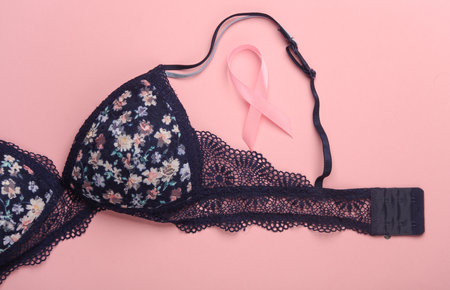Bra with Pink ribbon, breast cancer awareness symbol. Women Healthの写真素材