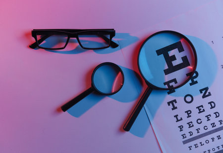 Eye tast with loupes, eyeglasses in neon light