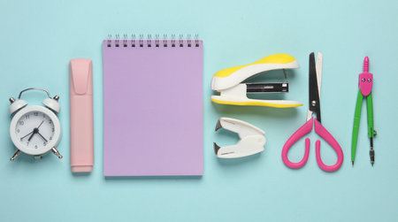 Set of colored school stationery on blue background. Fat lay. Top view
