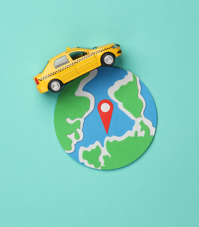 Taxi Car model with geolocation point sign and globe on blue background. Navigation, travel concept....