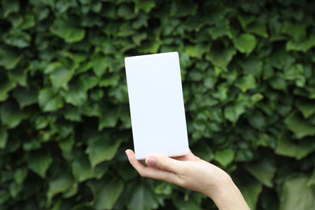 White box in woman's hand against the green leaves wall backgroundの写真素材