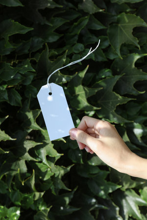 White blank tag with rope in woman's hand against the green leaves wall background