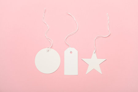 White blank different tags on string, pink background