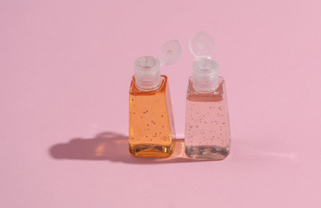 Antiseptic bottles on a pink background with shadowの写真素材