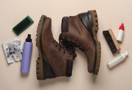 Leather boots with Shoe care products and accessories on beige background. Flat lay
