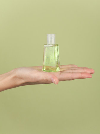 Hand holding antiseptic bottle on green background