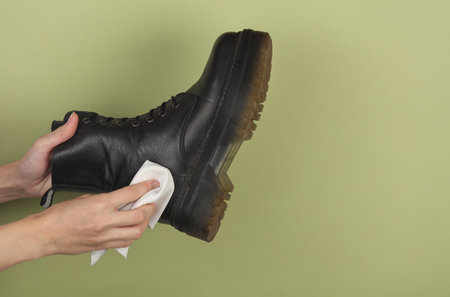 Hands cleaning winter leather boot on a dark gray background. Shoe careの写真素材