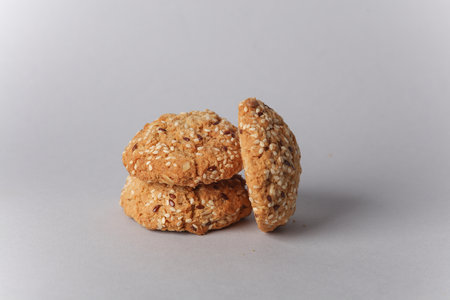 Cereal cookies on gray backgroundの写真素材