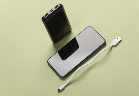 Black power bank and smartphone on green backgroundの写真素材