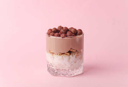 Homemade layered Desserts in a glass cups with yogurt and chocolate balls on a pink backgroundの写真素材