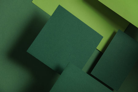 Set of floating green blank card sheets with shadow on green background. Minimalism business brand template, creative layoutの写真素材