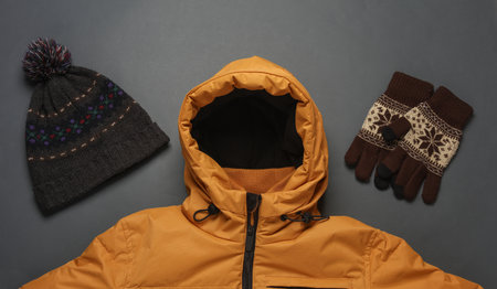 Set of men's winter clothes on dark gray background. Top view