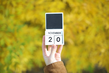 Woman holding calendar with date november 20 on yellow autumn leaves background
