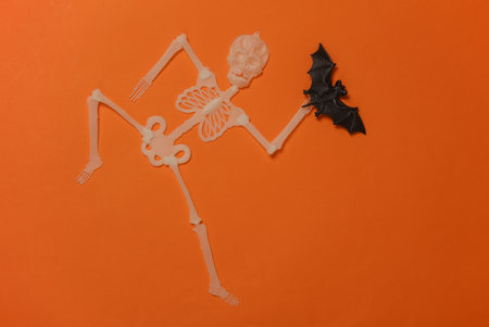 Plastic skeleton with a bat on an orange background. Halloween decorの写真素材