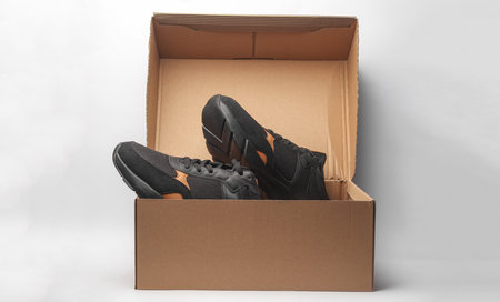 New men's sneakers in box on white background