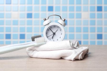 Personal hygiene products in bathroom. Morning routineの写真素材